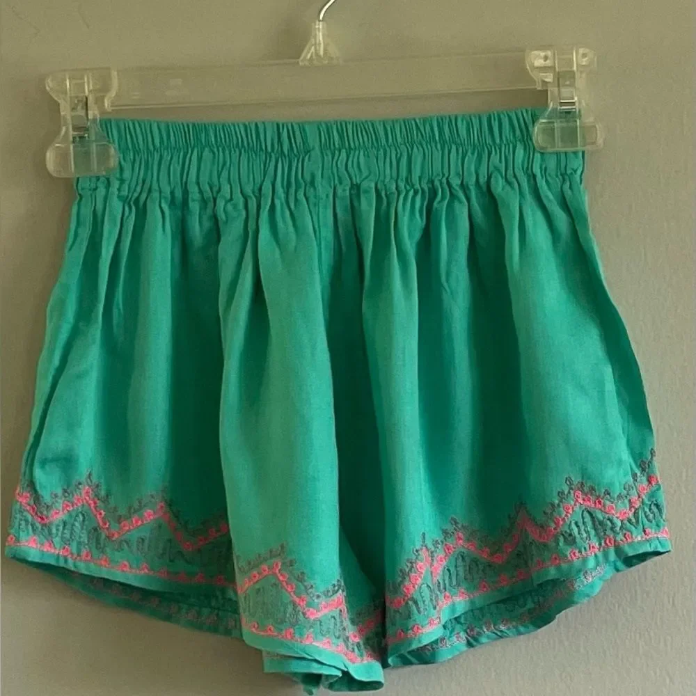 YOA Turquoise Shorts With Pink Embroidery